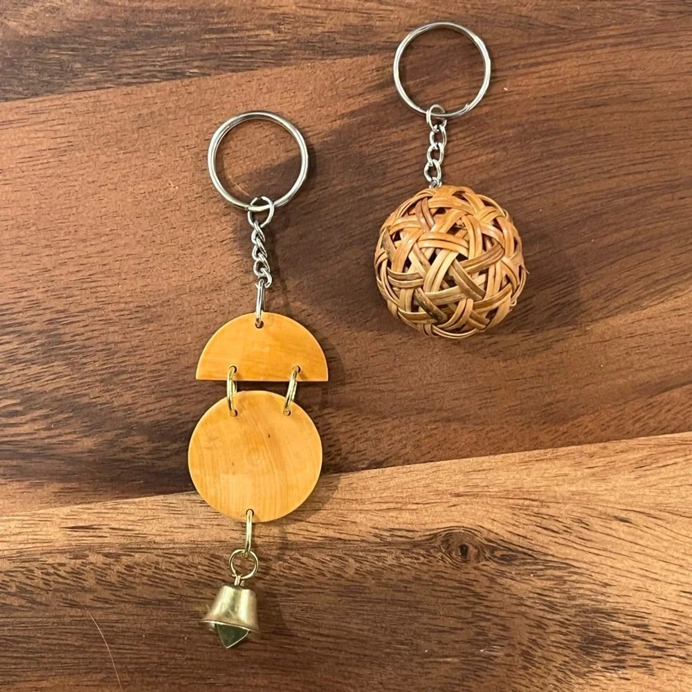 Vintage Bamboo Keychain Set Asian Souvenir Bell Woven Ball Hand-painted Charm